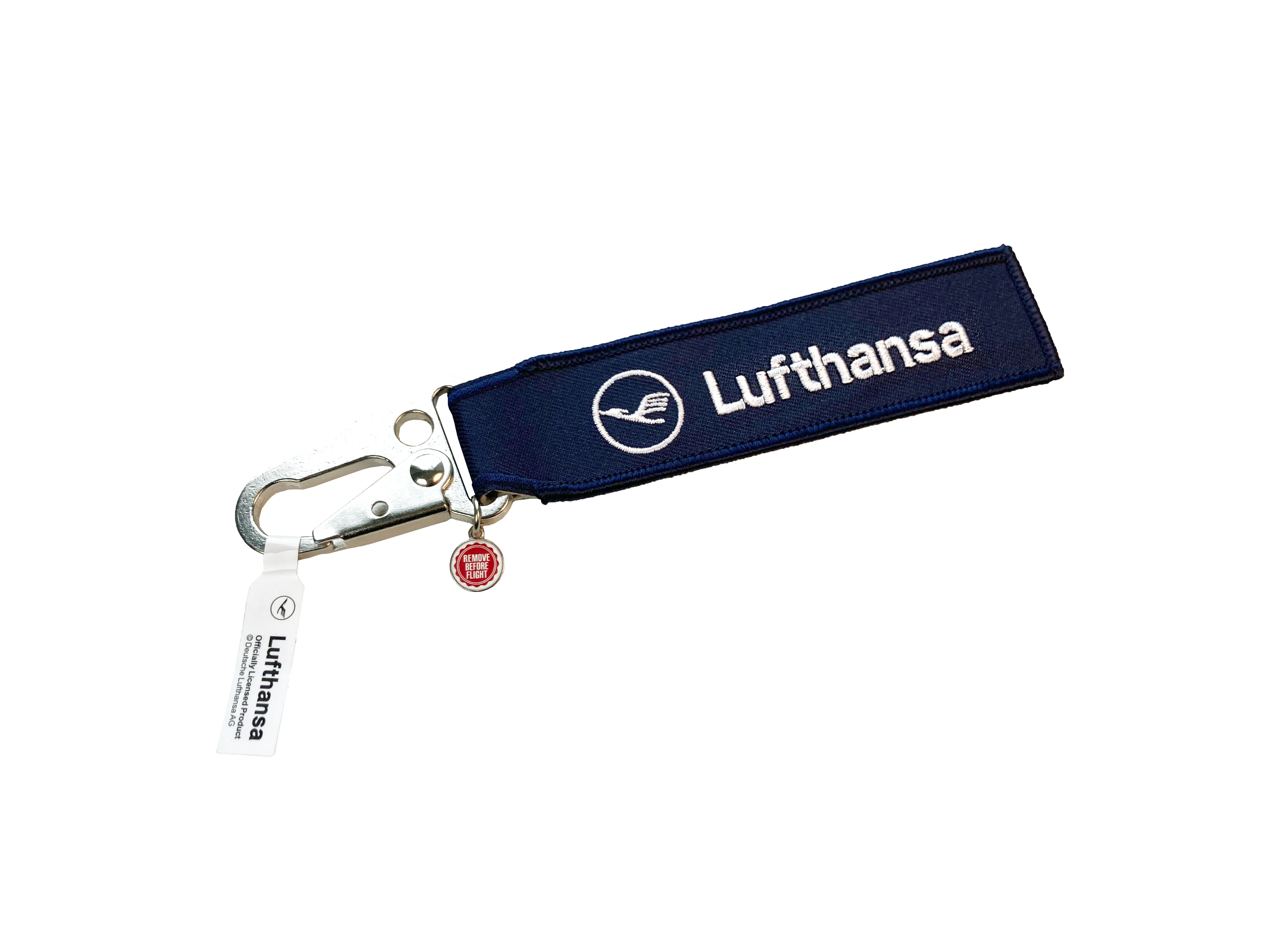 CB002_LH_vorne "Lufthansa" - Textil-Anhänger mit Flugzeug-Karabiner - Remove Before Flight