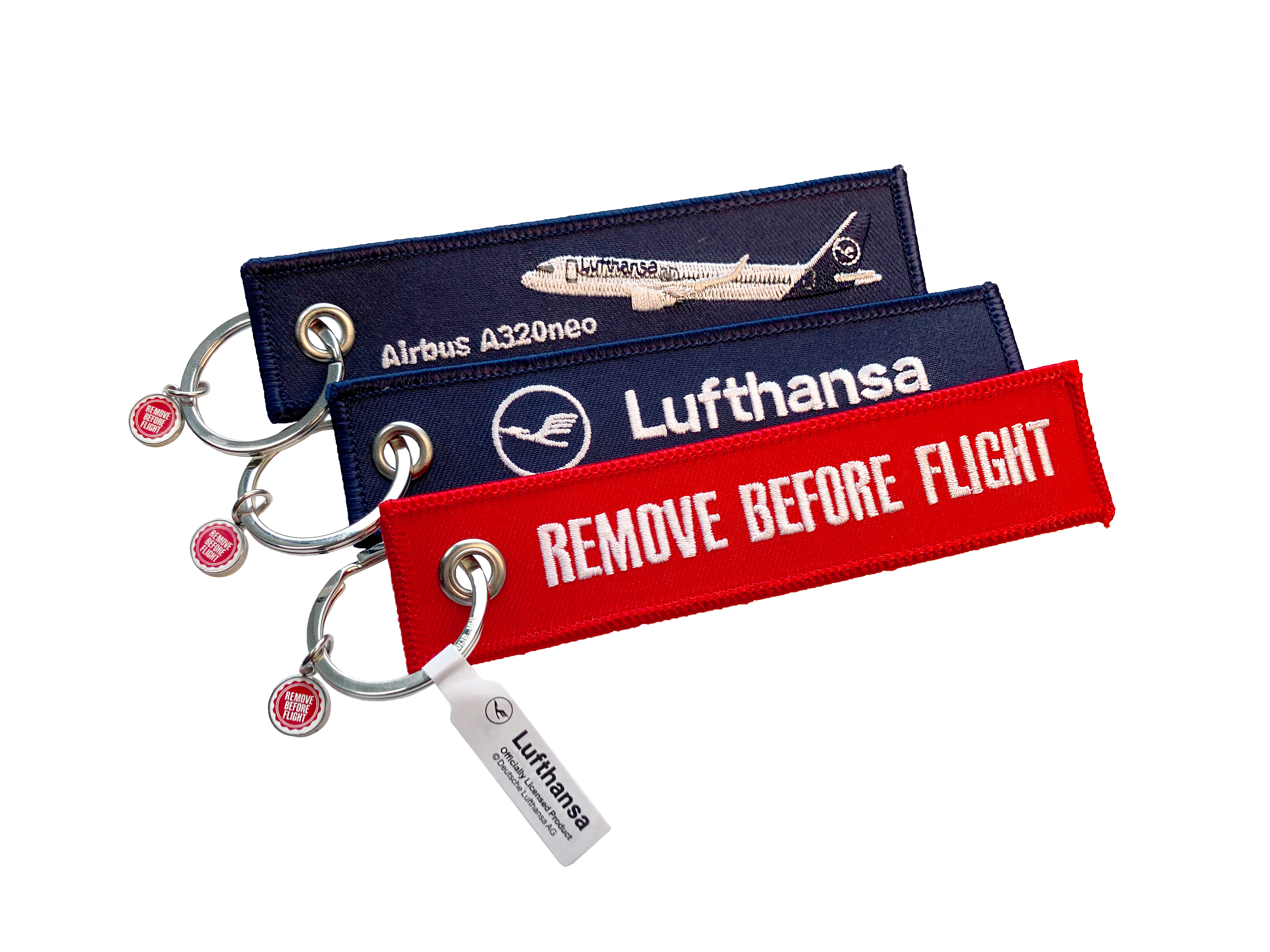 RBF001_A320SET_LH-vorne "Lufthansa"- Schlüsselanhänger - Airbus A320neo/Remove Before Flight - 3er-Set
